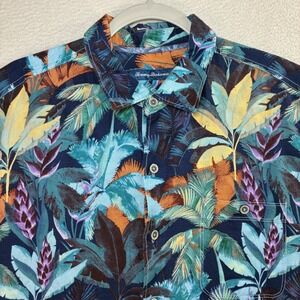 Tommy Bahama Linen Button Shirt Men L Blue Floral AOP Tropical Blend Beach